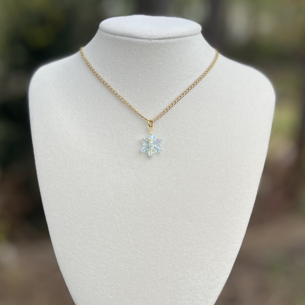 Iridescent Snowflake Pendant Gold Necklace - Stainless Steel Chain